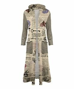 Lily | Beige & Black Script Hooded Cable-Knit Open Duster - Women