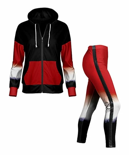 Lily | Red & Black Color Block Zip-Up Hoodie & Leggings - Women & Plus 1 Lily | Red & Black Color Block Zip-Up Hoodie & Leggings - Women & Plus