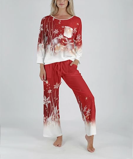 Lily | Red & White Snowflake Chest-Pocket Pajama Set - Women 1 Lily | Red & White Snowflake Chest-Pocket Pajama Set - Women