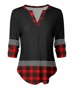Lily | Black & Red Plaid Color Block Notch Neck Top - Women & Plus