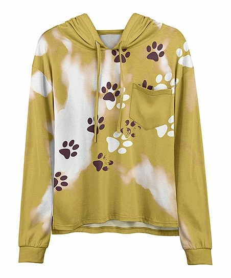 Lily | Yellow & Brown Tie-Dye Paw Print Chest-Pocket Hoodie - Women & Plus 1 Lily | Yellow & Brown Tie-Dye Paw Print Chest-Pocket Hoodie - Women & Plus