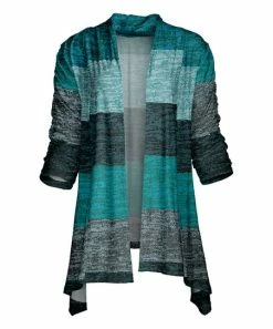 Lily | Aqua & Black Color Block Knit-Print Sidetail Open Cardigan - Plus