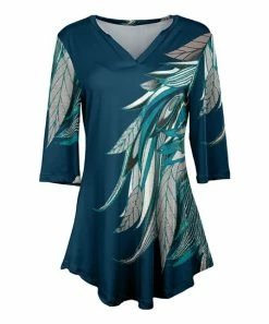 Lily | Teal & Gray Leaves Three-Quarter Sleeve V-Neck Tunic - Women & Plus