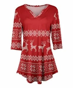 Lily | Red & White Fair Isle Reindeer V-Neck Tunic - Plus
