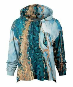 Lily | Turquoise & Gold Marble Lightweight Patch-Pocket Hoodie - Women & Plus
