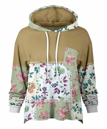 Lily | Beige & Pink Floral Loose Fit Patch-Pocket Hoodie - Women & Plus 1 Lily | Beige & Pink Floral Loose Fit Patch-Pocket Hoodie - Women & Plus