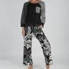 Lily | Black & White Cats Long-Sleeve Top & Drawstring Lounge Pants - Plus