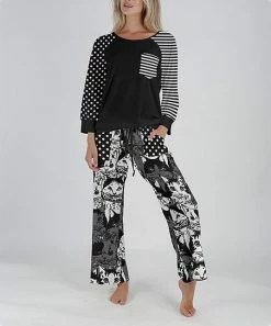 Lily | Black & White Cats Long-Sleeve Top & Drawstring Lounge Pants - Plus