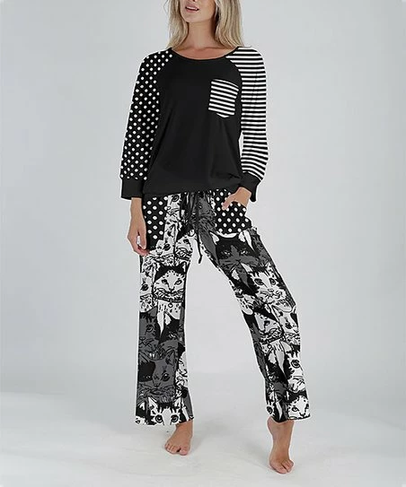 Lily | Black & White Cats Long-Sleeve Top & Drawstring Lounge Pants - Plus 1 Lily | Black & White Cats Long-Sleeve Top & Drawstring Lounge Pants - Plus