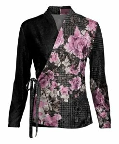 Lily | Black & Gray Floral & Houndstooth Velvet Wrap Top - Women