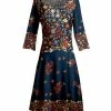 Lily | Blue & Rust Floral Leaf Three-Quarter Sleeve A-Line Dress - Women
