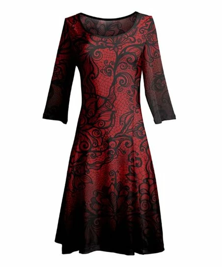 Lily | Red & Black Lace-Print Three-Quarter Sleeve A-Line Dress - Women & Plus 1 Lily | Red & Black Lace-Print Three-Quarter Sleeve A-Line Dress - Women & Plus