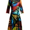 Lily | Black Multicolor Stained Glass Three-Quarter Sleeve A-Line Dress - Women & Plus