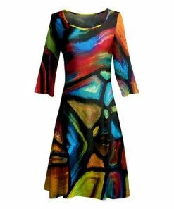 Lily | Black Multicolor Stained Glass Three-Quarter Sleeve A-Line Dress - Women & Plus