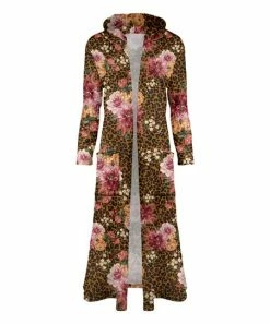 Lily | Pink & Brown Floral Hooded Cable-Knit Open Duster - Women
