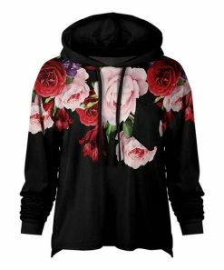 Lily | Black & Red Floral Loose Fit Patch-Pocket Hoodie - Women & Plus