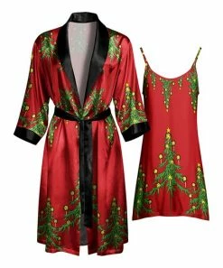 Lily | Red & Black Christmas Tree Robe & Nightgown - Plus