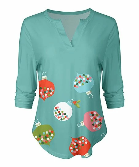Lily | Turquoise & Red Ornaments Notch Neck Top - Women 1 Lily | Turquoise & Red Ornaments Notch Neck Top - Women