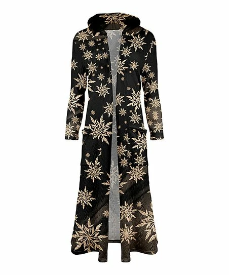 Lily | Black & Beige Snowflakes Cable Knit Hooded Open Duster - Plus 1 Lily | Black & Beige Snowflakes Cable Knit Hooded Open Duster - Plus