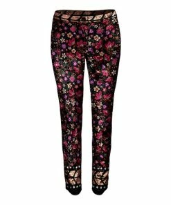 Lily | Black & Pink Floral Velvet Skinny Pants - Plus