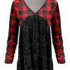 Lily | Red & Black Plaid-Contrast Velvet V-Neck Tunic - Women
