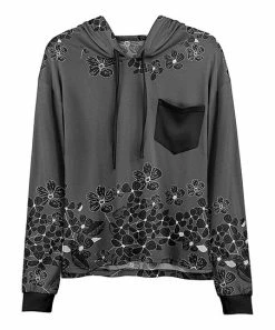 Lily | Black & Gray Floral Chest-Pocket Hoodie - Women