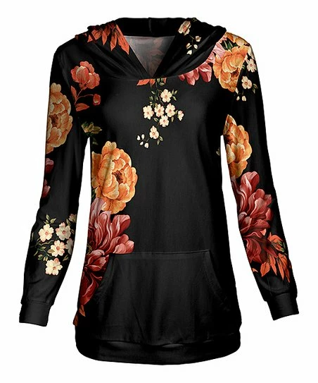 Lily | Black & Orange Floral Kangaroo-Pocket Hoodie - Women & Plus 1 Lily | Black & Orange Floral Kangaroo-Pocket Hoodie - Women & Plus