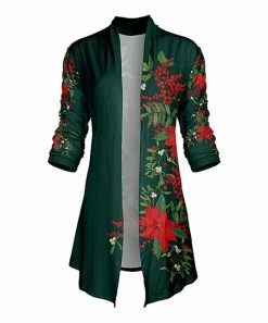 Lily | Green & Red Poinsettia Berry Drape Open Cardigan - Women