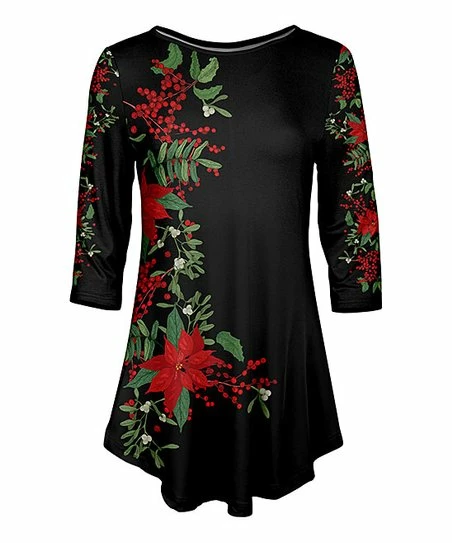 Lily | Black & Red Floral Three-Quarter Sleeve Tunic - Women & Plus 1 Lily | Black & Red Floral Three-Quarter Sleeve Tunic - Women & Plus