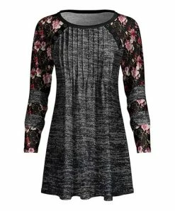Lily | Black & Gray Floral Pleated Button-Accent Raglan Tunic - Women