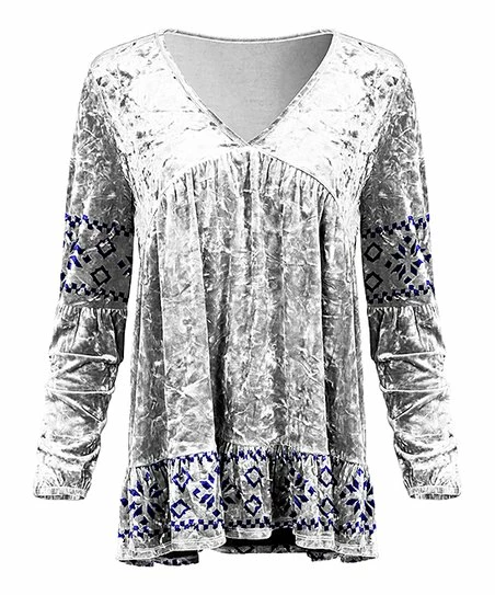 Lily | White & Blue Geometric Velvet V-Neck Tunic - Plus 1 Lily | White & Blue Geometric Velvet V-Neck Tunic - Plus