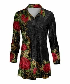 Lily | Black & Red Floral Velvet Button-Up - Plus