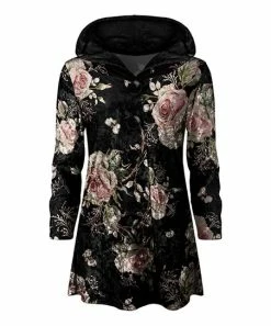 Lily | Black & Pink Floral Button-Front Velvet Hooded Cardigan - Women