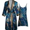 Lily | Blue & Gold Marbled Tie-Waist Robe & Nightgown - Women & Plus