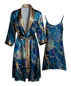 Lily | Blue & Gold Marbled Tie-Waist Robe & Nightgown - Women & Plus