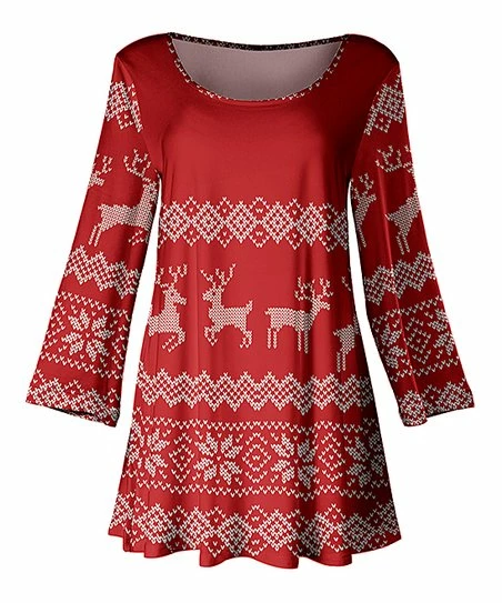 Lily | Red & White Reindeer Bell Sleeve Tunic - Women & Plus 1 Lily | Red & White Reindeer Bell Sleeve Tunic - Women & Plus