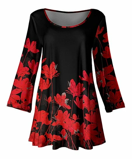 Lily | Black & Red Floral Bell Sleeve Tunic - Women 1 Lily | Black & Red Floral Bell Sleeve Tunic - Women