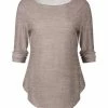 Lily | Beige & White Space-Dye Curved-Hem Three Quarter-Sleeve Top - Plus