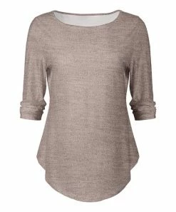 Lily | Beige & White Space-Dye Curved-Hem Three Quarter-Sleeve Top - Plus