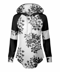 Lily | White & Black Floral Curved-Hem Hoodie - Women