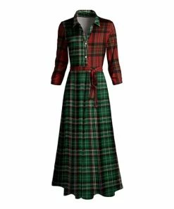 Lily | Red & Green Plaid Color Block Tie-Waist Shirt Dress - Women
