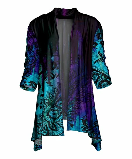 Lily | Aqua & Purple Paisley Shirred-Sleeve Sidetail Open Cardigan - Women 1 Lily | Aqua & Purple Paisley Shirred-Sleeve Sidetail Open Cardigan - Women