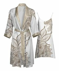 Lily | White & Brown Floral Tie-Waist Robe & Nightgown - Women & Plus