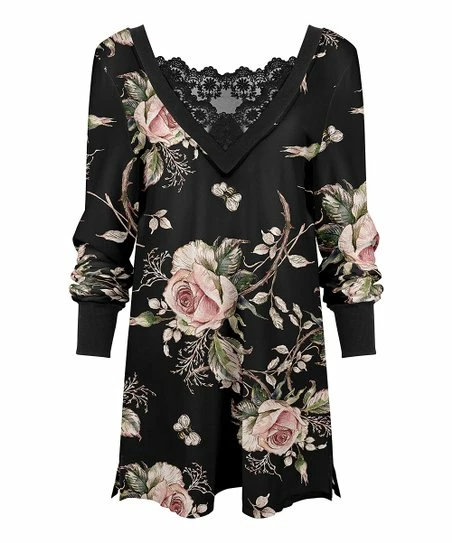 Lily | Black & Pink Rose Lace-Back V-Neck Tunic - Women 1 Lily | Black & Pink Rose Lace-Back V-Neck Tunic - Women