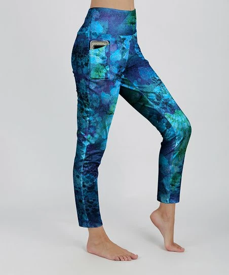 Lily | Blue & Turquoise Abstract Pocket High-Waist Leggings - Women 1 Lily | Blue & Turquoise Abstract Pocket High-Waist Leggings - Women