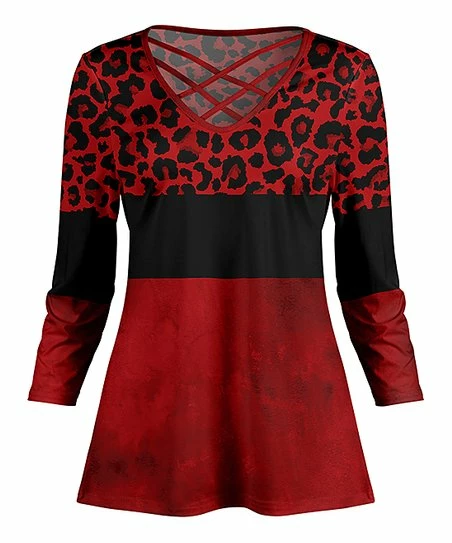 Lily | Black & Red Leopard Stripe Crisscross-Strap V-Neck Tunic - Plus 1 Lily | Black & Red Leopard Stripe Crisscross-Strap V-Neck Tunic - Plus