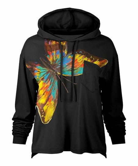 Lily | Black & Yellow Painted Butterfly Loose Fit Front-Pocket Hoodie - Women 1 Lily | Black & Yellow Painted Butterfly Loose Fit Front-Pocket Hoodie - Women
