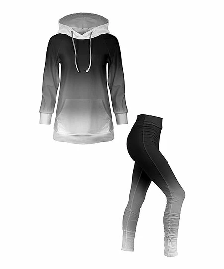 Lily | Black & White Ombré Kangaroo-Pocket Hoodie & Ruched Leggings - Plus 1 Lily | Black & White Ombré Kangaroo-Pocket Hoodie & Ruched Leggings - Plus