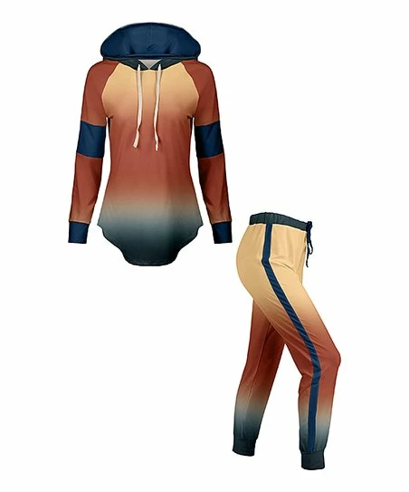 Lily | Rust & Blue Ombré Color Block Hoodie & Joggers - Women 1 Lily | Rust & Blue Ombré Color Block Hoodie & Joggers - Women