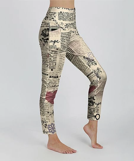 Lily | Beige & Black Newsprint High-Waist Pocket Leggings - Women & Plus 1 Lily | Beige & Black Newsprint High-Waist Pocket Leggings - Women & Plus